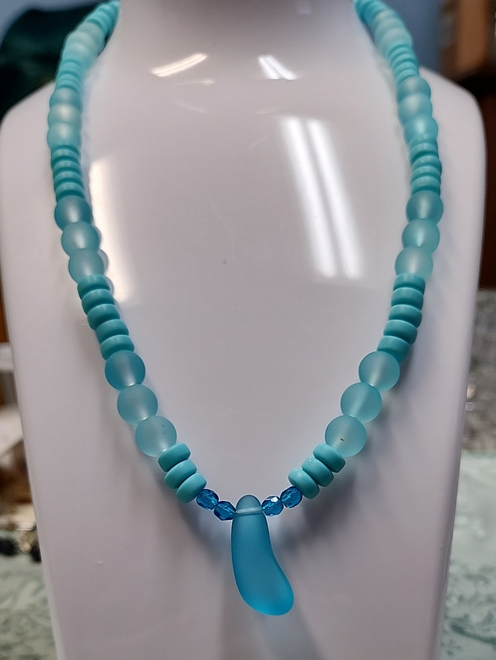 Turquoise Blue Beaded Necklace with Sea Glass Pendant!